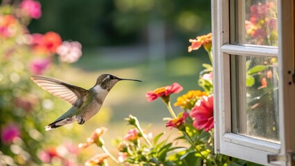 Fototapeta premium Hummingbird hovering near vibrant flowers by the window
