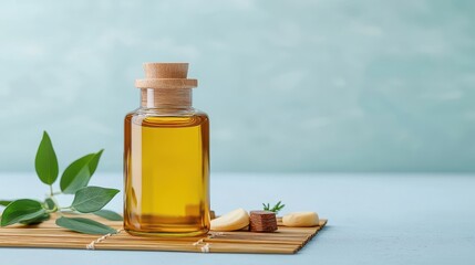 Obraz premium A glass bottle of golden oil sits on a woven mat, surrounded by green leaves, against a soft blue background, suggesting natural beauty and wellness.