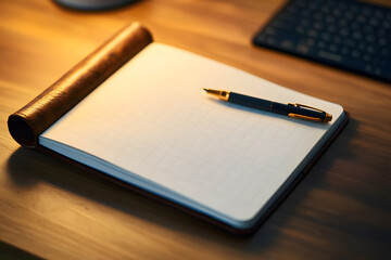 Creative planning session with a stylish planner and pen on a wooden desk inspiring productivity and organization in a tranquil home office environment