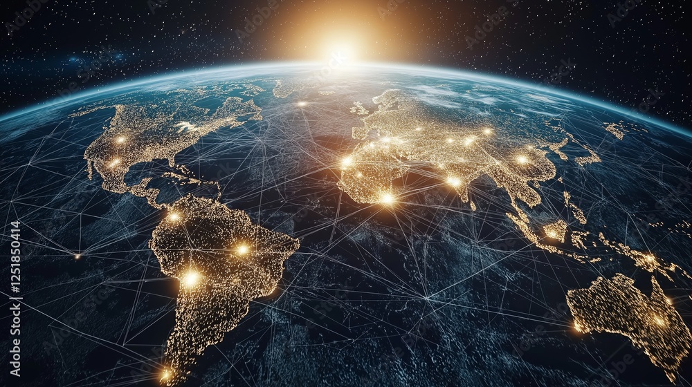 Poster digital network connections across the world at sunrise, representing global connectivity, technolog