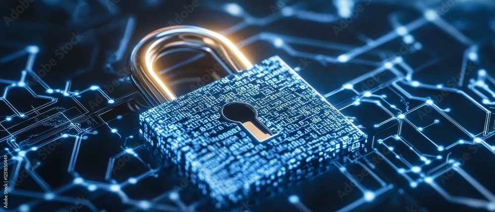 Poster modern padlock symbolizes digital security, surrounded by network of data connections.