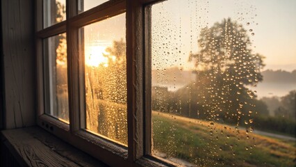 Sunrise view through a misty window with raindrops