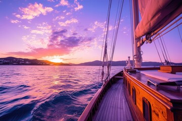 The view from the bow of an ocean yacht at sunset, with a beautiful sky and calm sea in the background