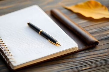 Creative planning session with a stylish planner and pen on a wooden desk inspiring productivity and organization in a tranquil home office environment