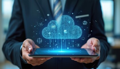 Fototapeta premium Hands holding tablet with holographic cloud computing. Data security concept on blurred office background. Safe protection of business tech, creative digital innovation, information cyberspace,