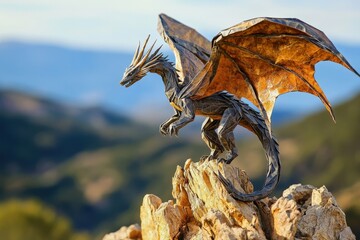 Origami Dragon Perched on Rocky Mountain Peak