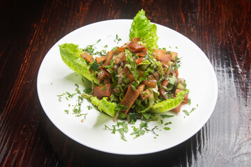 Crisp fattoush salad featuring toasted pita, vibrant vegetables, fragrant herbs on pristine plate