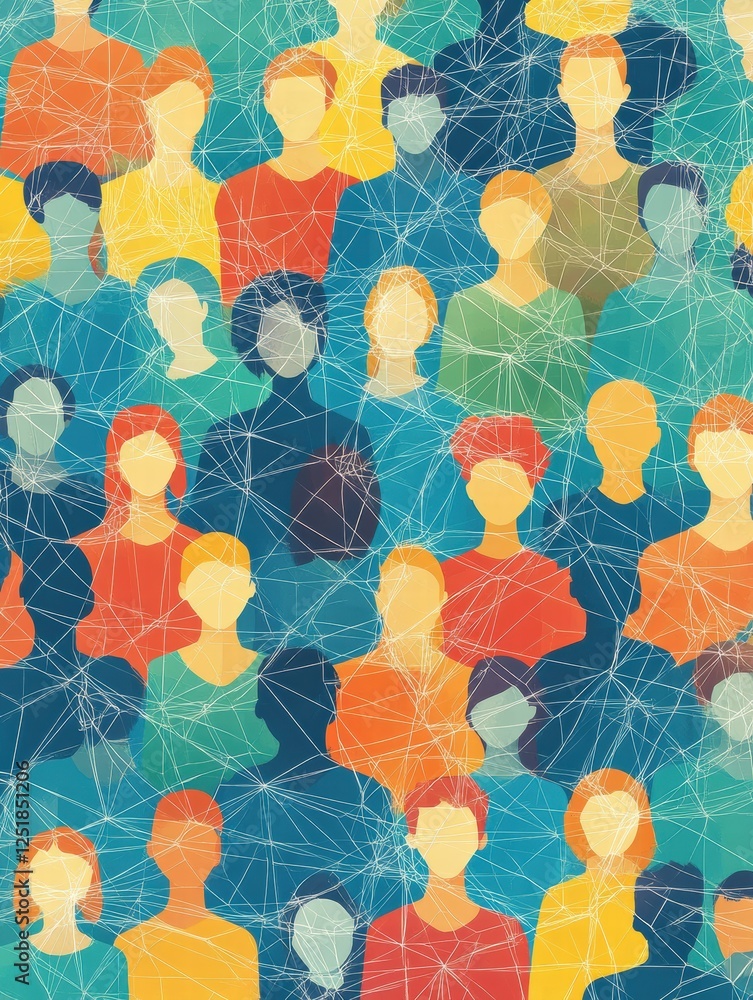 Aufkleber diverse crowd of people interconnected through colorful network patterns in a vibrant digital illust