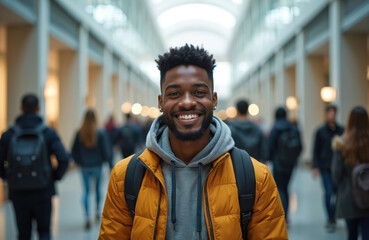 Naklejka premium Smiling african american student poses with backpack at university hall. Young guy shows positive emotions. Man in jacket and hoodie. College person smiles looking at camera.