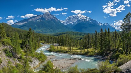 Majestic mountain landscape with a crystal-clear river, capturing breathtaking nature, wilderness adventure, scenic travel, and pristine outdoor beauty, Generative AI