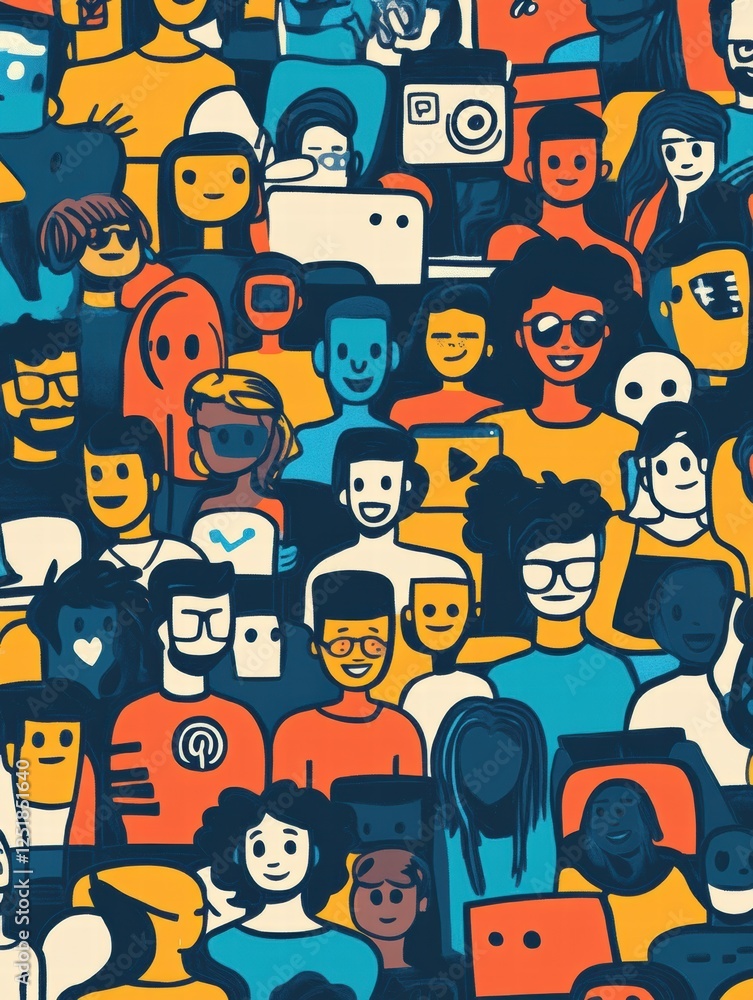 Aufkleber diverse group of colorful characters engaged with technology in a lively digital community setting. 