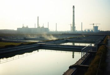Obraz premium Waste water treatment ponds are visible in the foreground with industrial structures in the background under a hazy morning sky.