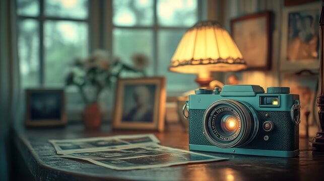 Vintage camera on desk, warm room, photos, memories, nostalgia