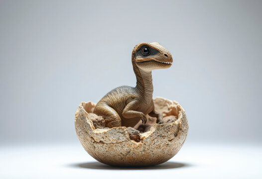 A young Parasaurolophus peeks out from its cracked egg, highlighting the moment of hatching in a prehistoric environment.