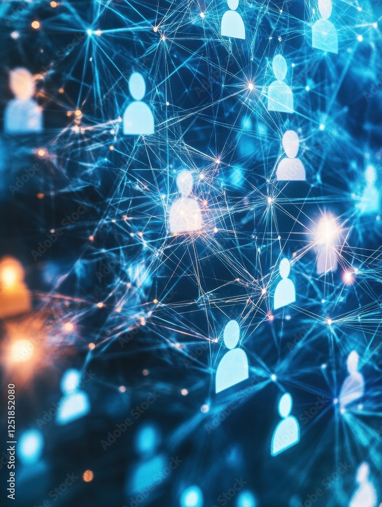 Aufkleber visualization of interconnected digital profiles showing human connections in a network at night. ge