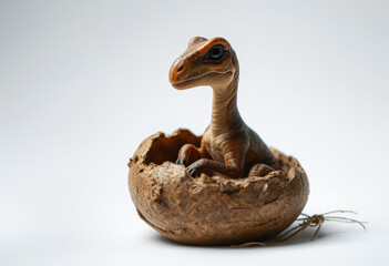 A young Parasaurolophus peeks out from its cracked egg, highlighting the moment of hatching in a prehistoric environment.