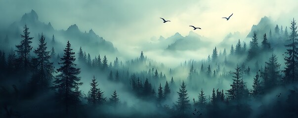 Mystical mountain range shrouded in fog, with dense forests and birds soaring gracefully in the sky