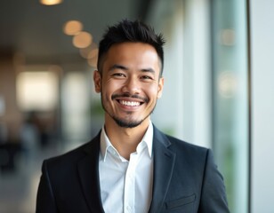 Confident Asian businessman smiles wearing formal suit in office. Executive looks cheerful, positive. Modern professional, success concept. Leadership example. Corporate lifestyle representation.