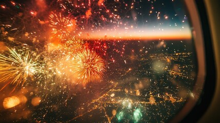 Bright fireworks explode in vibrant colors against the dark sky, while city lights twinkle below. The view captures a festive moment experienced from above in flight