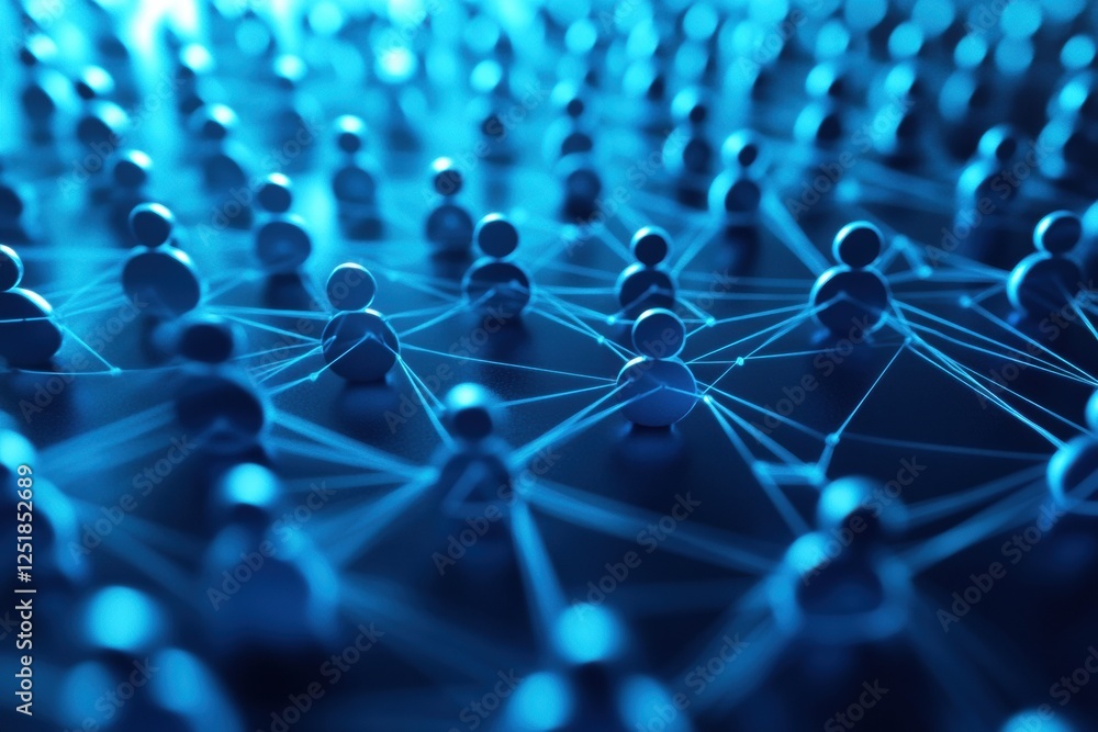 Poster digital representation of interconnected individuals in a blue network grid showcasing online intera