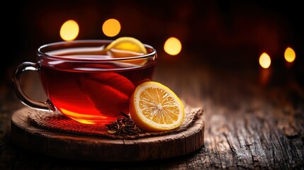 Warm lemon tea, cozy lights, rustic wood, beverage, comfort