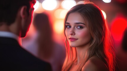 Naklejka premium Glamorous Party Scene with Stylish Couple Under Neon Lights