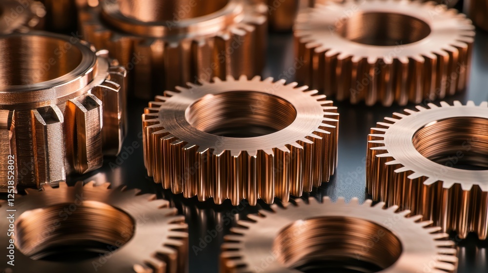 Poster close-up view of multiple copper gears exhibiting precise craftsmanship. the gears are displayed on 