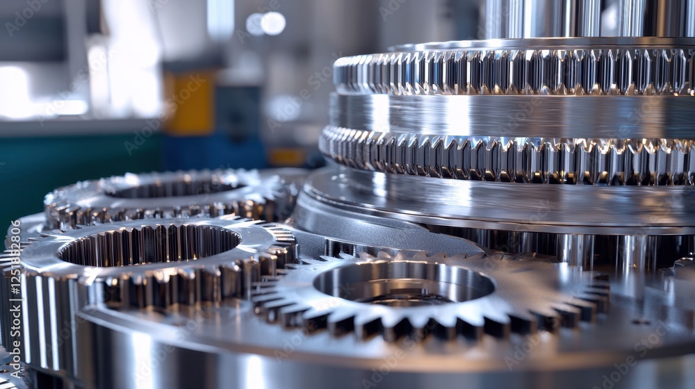 Poster detailed view of interlocking metal gears within a manufacturing setting, highlighting the precision
