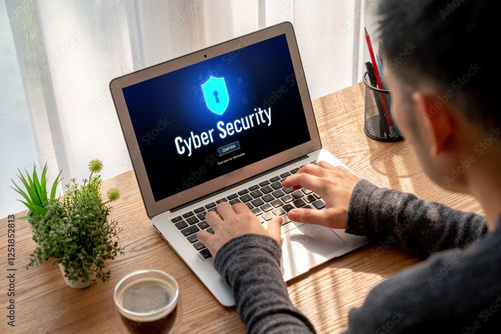 Poster cyber security system on computer screen protect private information snugly from hacker and cyber at
