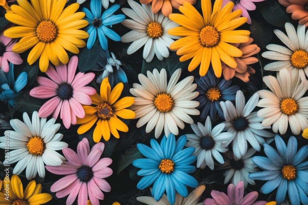 Poster brightly colored daisies in various shades fill the frame creating a vibrant floral display during t