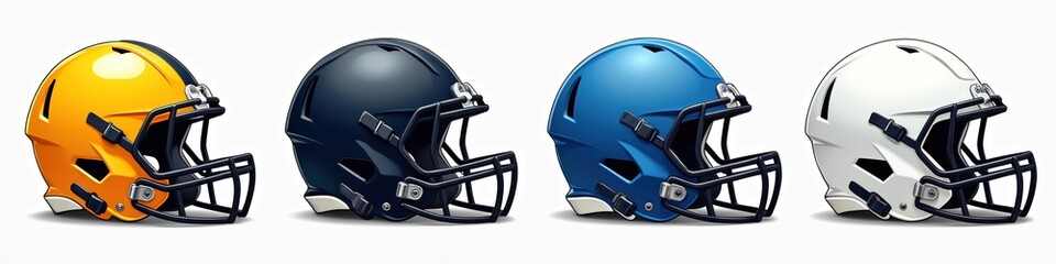 Fototapeta premium Illustration of football helmets collection. Icons isolated on transparent background. Sport gear. Football logotype template. Three-dimensional design element. American football safety protection,