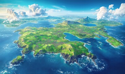 Aerial view of coastal Ireland; green hills, blue ocean, sunny day; travel, tourism