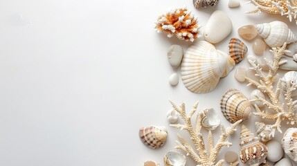 piece of coral, stone, shell top view on white background.
