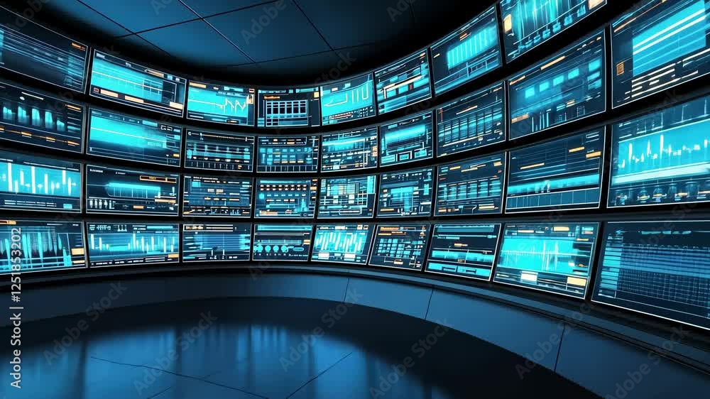 Poster a futuristic room filled with curved screens displaying blue digital data, creating a high-tech ambi