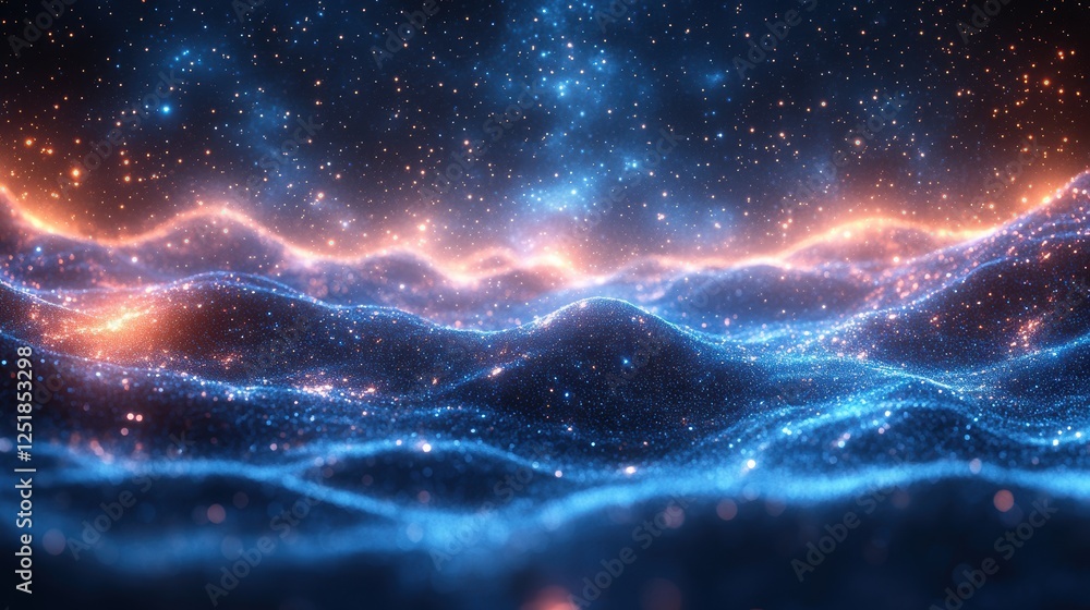 Poster abstract representation of waves with glowing particles and cosmic elements.