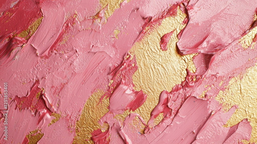 Poster Bold strokes of pink and shimmering gold create a dynamic and vibrant texture on canvas, showcasing an abstract art piece. The interplay of colors evokes energy and sophistication