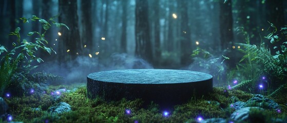 Luxury Stone Podium in a Bioluminescent Forest with Glowing Fungi and Mist. Copy space. Generative AI