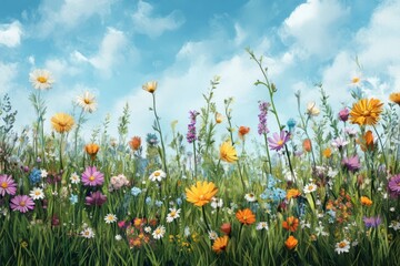 A Vibrant Meadow of Wildflowers Under a Blue Sky