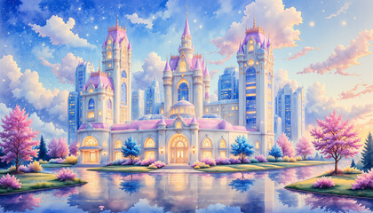 Naklejka premium Enchanting fantasy castle by serene lake at twilight, dreamlike beauty