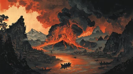 Tableau sur toile Coucher de soleil A striking eruption engulfs the sky in fiery hues as lava flows from a mountain. Villagers are seen in boats, captivated by the dramatic natural display at dusk  © mila103