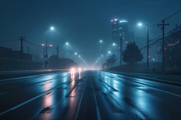 Misty Midnight Road with Gleaming Tarmac and Bright Light Reflections in Urban Landscape