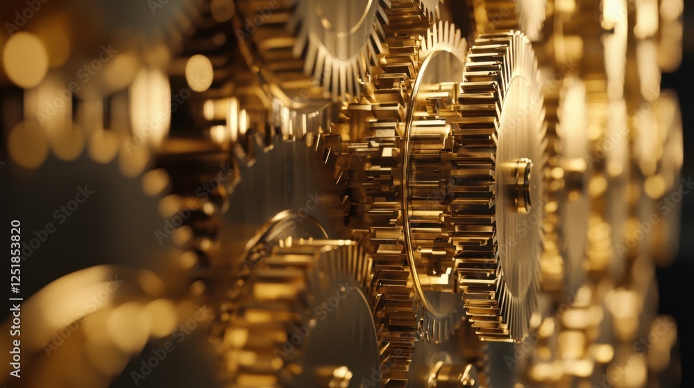Poster a close-up view reveals a collection of golden gears interlocking perfectly, showcasing intricate de