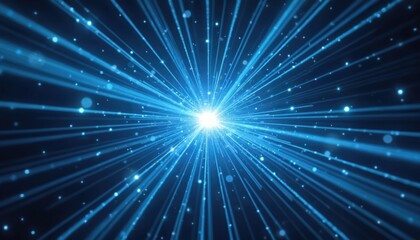 Illustration of blue light beams emanating from central white star. Lines convey sense of speed, motion, tech. Energy bursts, zoom effect create dynamic, futuristic feel. Good for space travel,