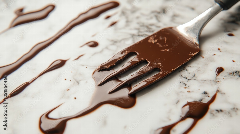 Poster chocolate syrup spreads over a marble countertop with a fork used for drizzling at a dessert prepara