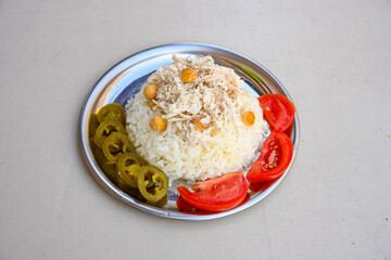 Traditional delicious Turkish food; Turkish style rice pilaf (Turkish name; Arpa sehriyeli. tavuk, kuru fasulyeli, pirinc pilavi). Cigerli, kavurmali, tereyagli nohut pilav.
