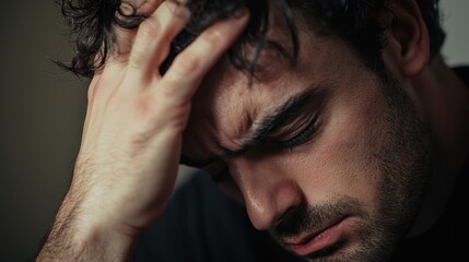 Fototapeta premium A man expresses deep frustration and despair while holding his head, surrounded by a dimly lit room. His furrowed brow and clenched eyes suggest mental anguish
