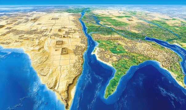 Aerial view of Nile River, Egypt; desert, farmland, and sea.  Educational/historical use - Powered by Adobe