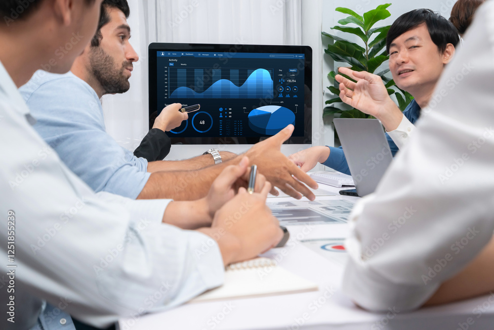 Fototapete analyst team utilizing bi fintech to analyze financial data at table in meeting room. businesspeople