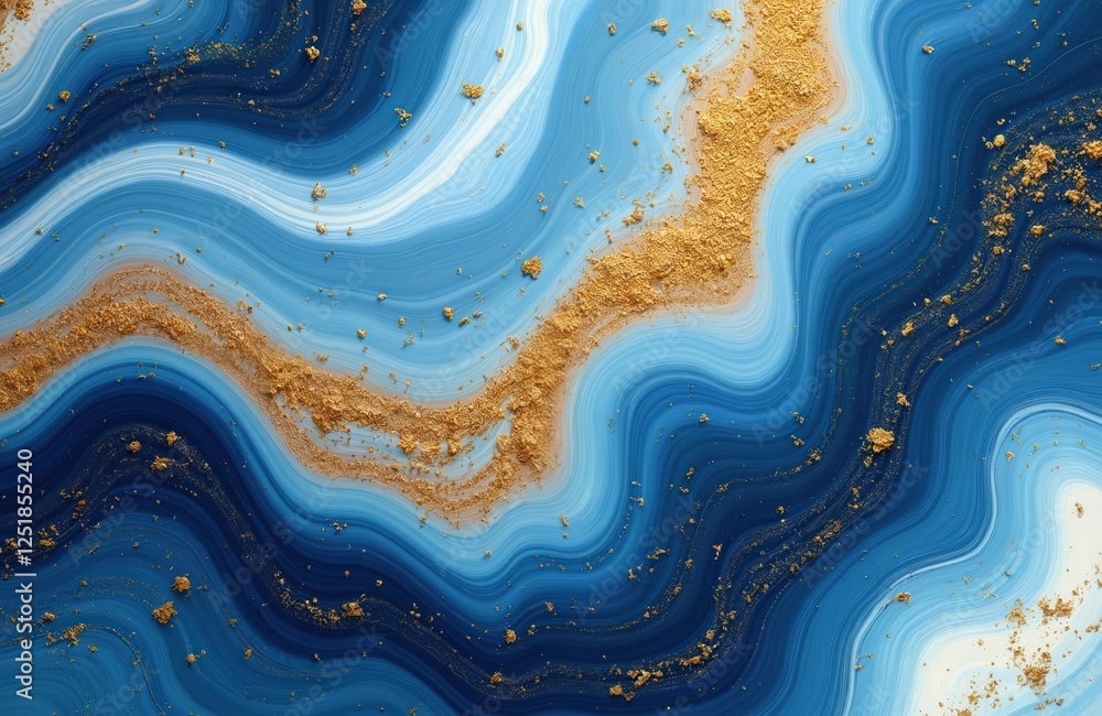 Aufkleber abstract fluid art blends shades of blue with shimmering gold. wave like pattern with gold specks cr