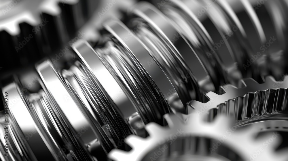 Poster detailed arrangement of shiny metal gears highlights the complexity of mechanical engineering. the i